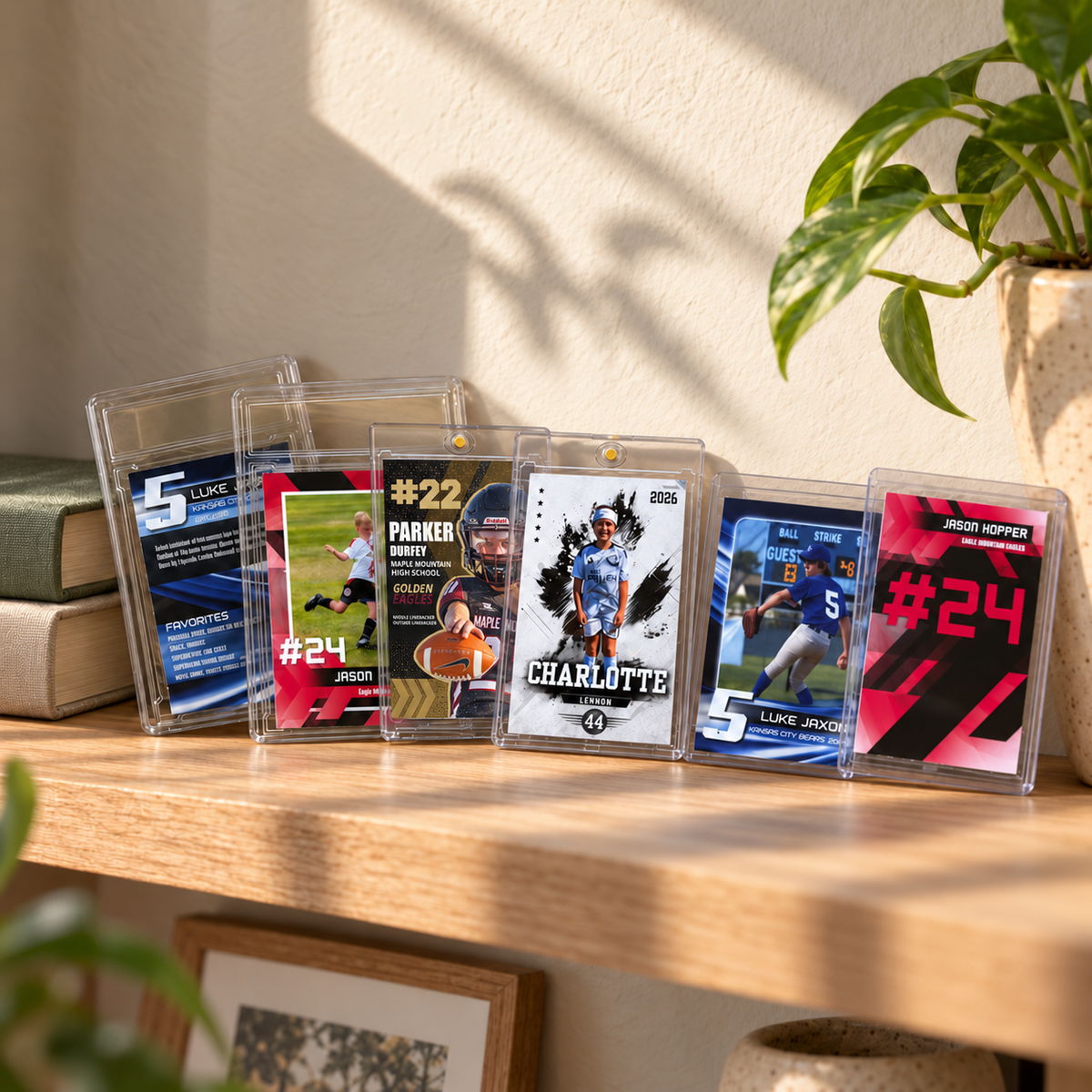 Custom sports trading cards resting on an oak bookshelf and leaning against the wall