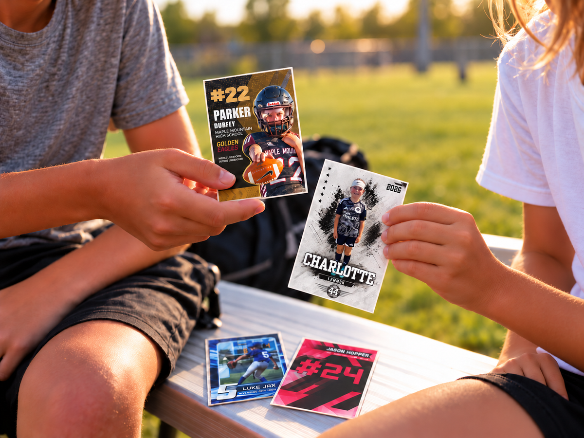 Young athletes sharing personalized trading cards