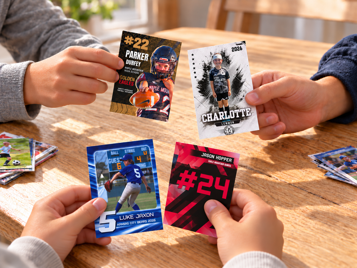 Friends trading personalized athlete cards around a kitchen table