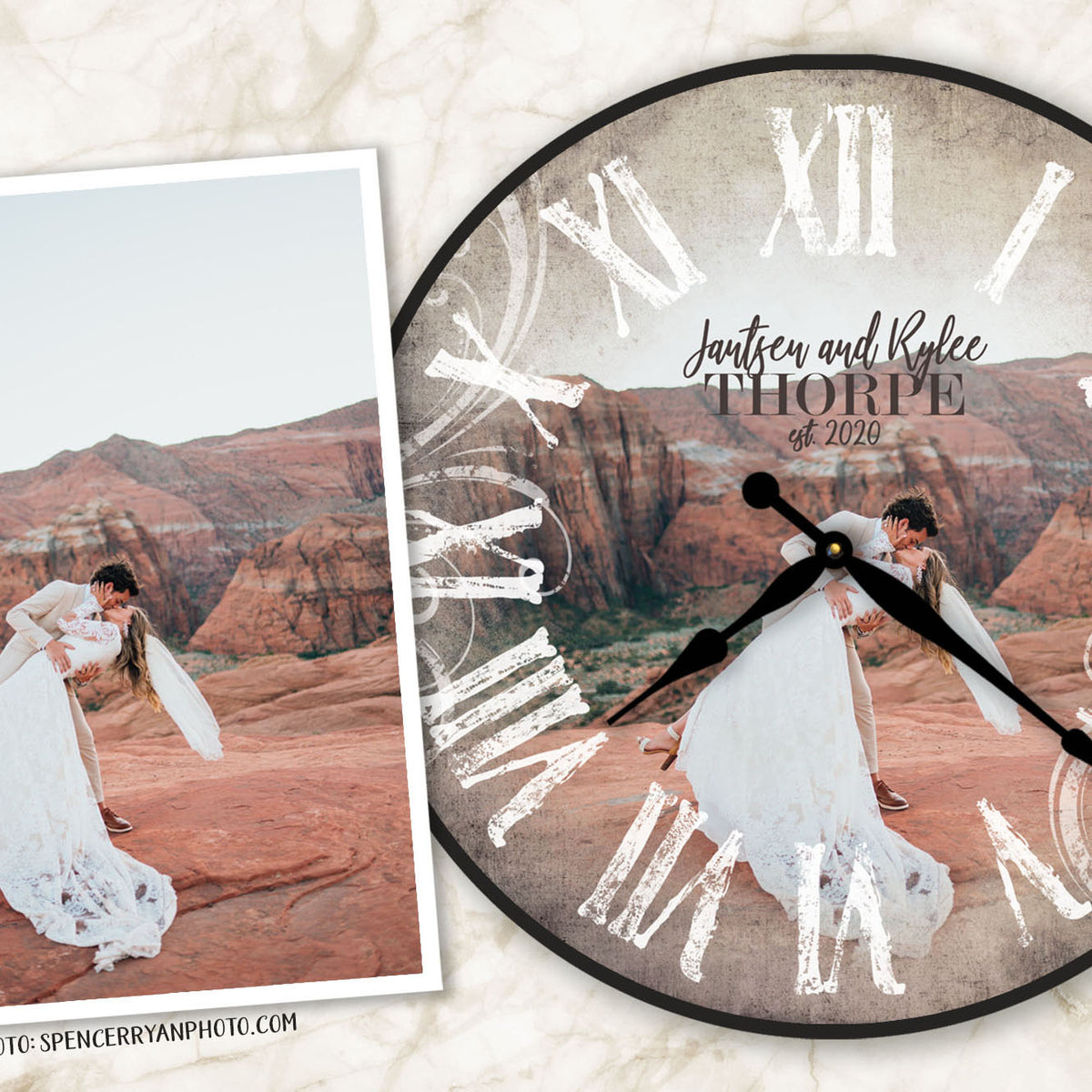 Wedding photograph beside a personalized photo wall clock featuring the same couple against red rock scenery