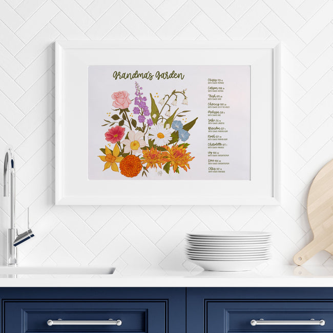 Framed Grandma’s Garden birth-flower watercolor arrangement displayed in a kitchen