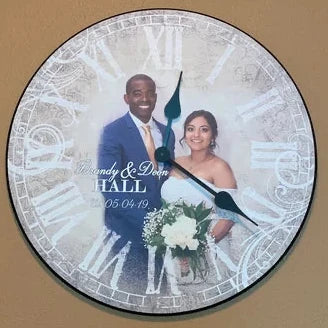 Brandy's personalized wedding photo wall clock displayed in her home.