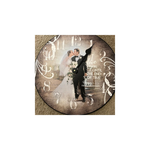 First-anniversary wedding photo clock featuring a bride and groom kissing