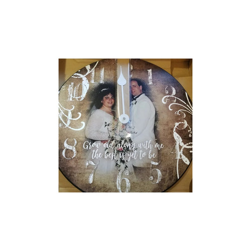 Wedding photo clock featuring a couple and the words Grow old along with me