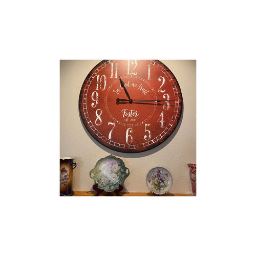 Red personalized Foster family wall clock with In God we trust lettering